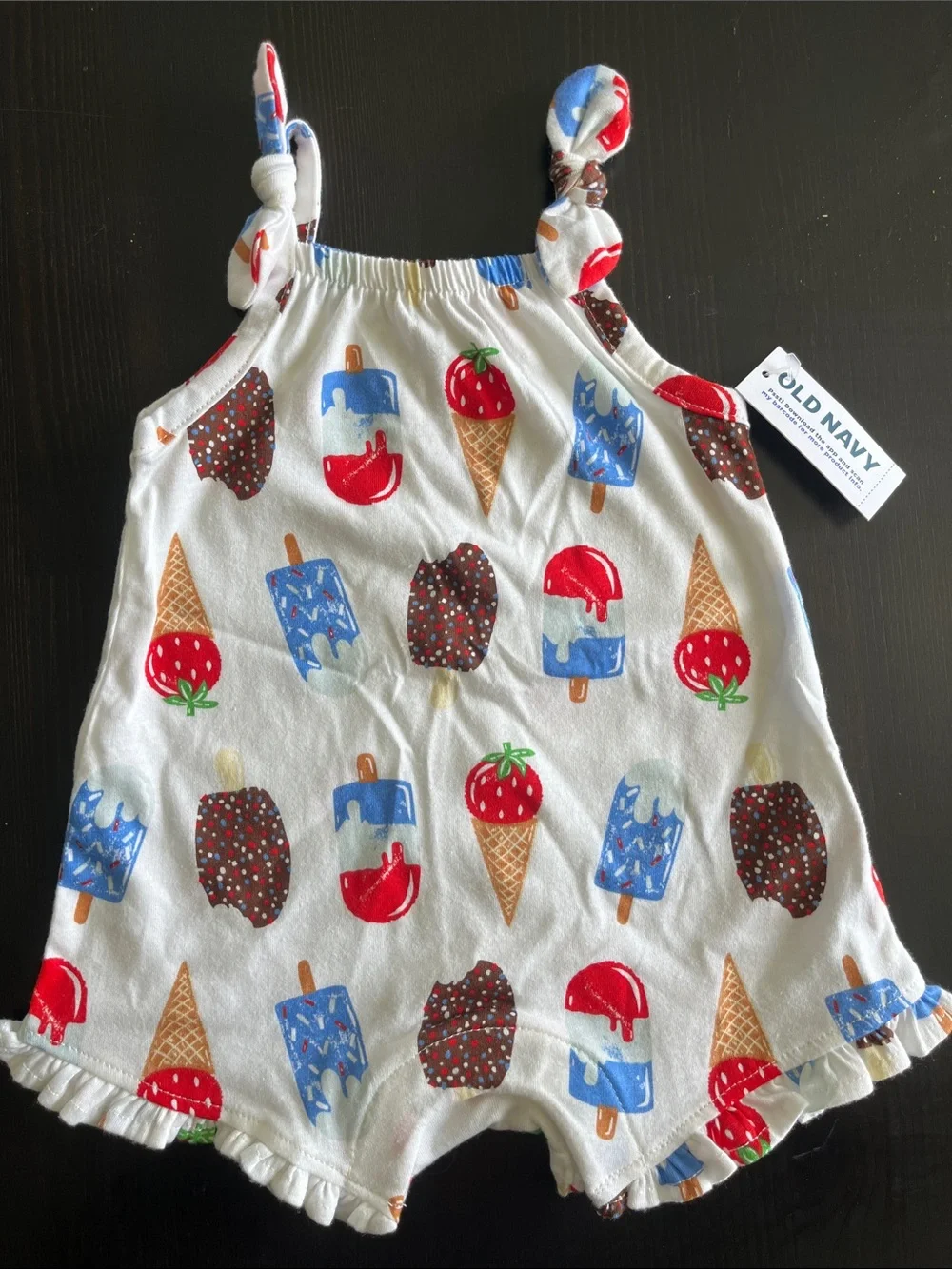Old Navy White Baby Romper with Red & Blue Ice Cream Print